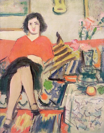 Interieur met een figuur door George Leslie Hunter
