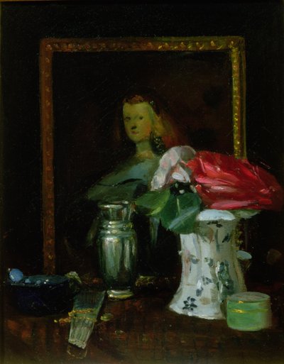 Stilleven van rozen, portret, vaas en waaier door George Leslie Hunter