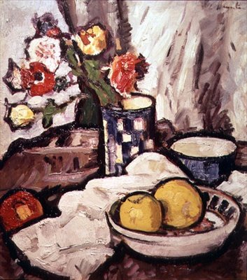 Stilleven van rozen en fruit door George Leslie Hunter