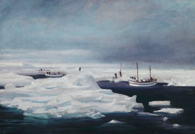 De James Caird, Dudley Docker en Stancomb Wills aangemeerd aan de ijsplaat in de Weddellzee, april 1916 door George Marston