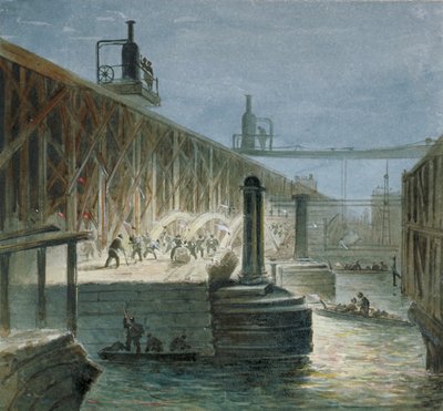 Sloopwerkzaamheden aan Blackfriars Bridge vanaf de Surrey-oever, Londen, 1865 door George Maund