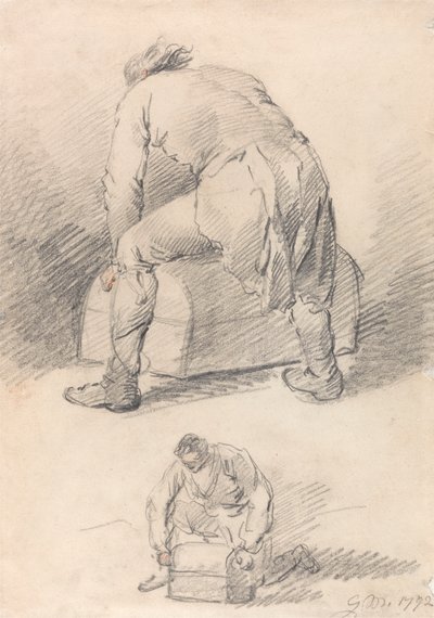 Een man die een koffer optilt, twee studies op één blad door George Morland
