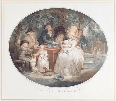 Een theetuin, kleurstippelgravure naar Morland door Francois David Saron door George Morland