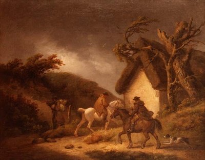 Een stormachtig boslandschap met reizigers door George Morland