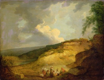 Een uitgestrekt berglandschap met een zigeunerkamp op de voorgrond door George Morland
