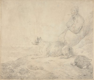 Visser en hond zittend aan de kust door George Morland