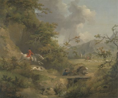 Vossenjacht in heuvelachtig gebied door George Morland