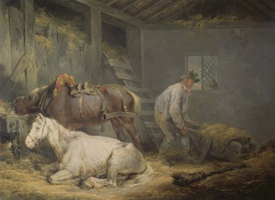 Paarden in een stal door George Morland