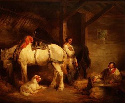 Arbeiders en trekpaarden in een stalinterieur door George Morland
