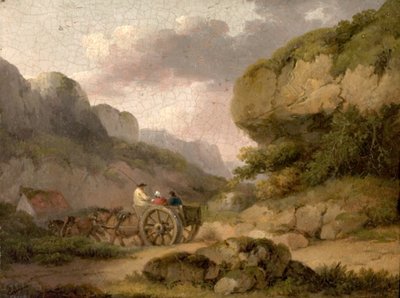 Landschap met paarden, kar en figuren door George Morland