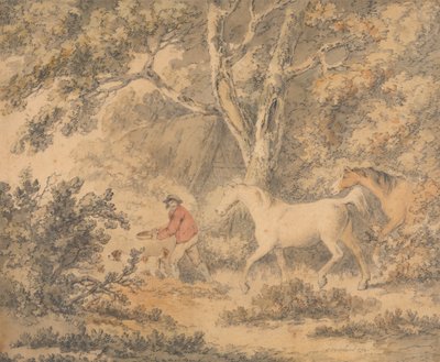 Landschap met paarden, boer en hond door George Morland