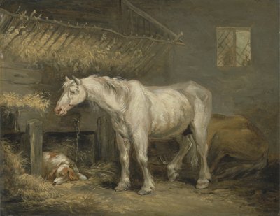 Oude paarden met een hond in een stal, c.1791 door George Morland