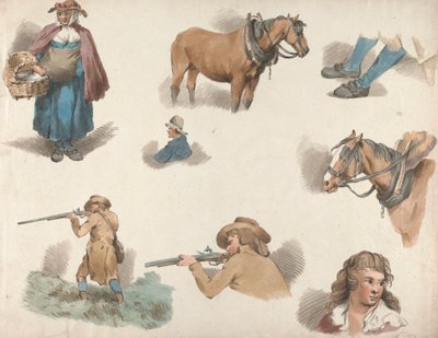 Set van Vijf: Acht studies: Vrouw met Mand, Geblindeerd Paard, enz. door George Morland