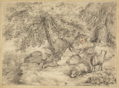 Herdersjongen met lammeren in het bos door George Morland