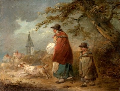 Vrouw, kind en hond op een weg door George Morland