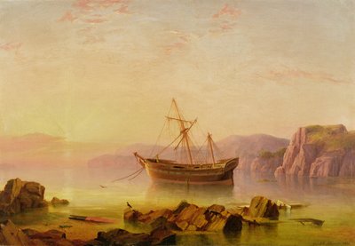 Een schip voor anker in een baai bij zonsondergang door George Mounsey Wheatley Atkinson
