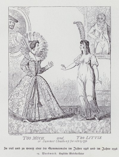 Te veel en te weinig, zomerkleding voor 1556 en 1796 door George Moutard (after) Woodward