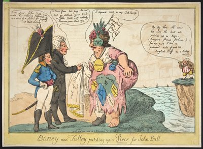 Boney en Talley die een stuk voor John Bull oplappen, pub. 1806 (handgekleurde gravure) door George Moutard Woodward
