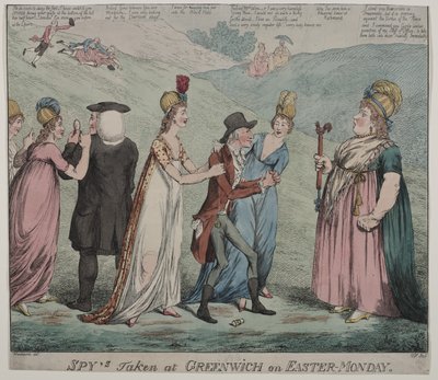 Moeder Windsor met vier van haar courtisanes, beveelt haar meisjes om de bisschop van Durham en de hertog van Queensbury te arresteren, 1798 door George Moutard Woodward