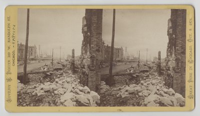 Stereofoto van Washington Street vanaf de hoek van LaSalle Street naar het oosten na de brand van Chicago in 1871, 1871 door George N. Barnard