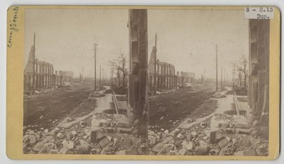 Stereografisch uitzicht op Clark Street na de brand van Chicago in 1871 door George N. Barnard