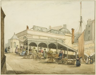 De schuur van de oesterverkoopsters bij Bristol Bridge door George Orleans Delamotte