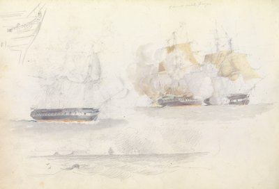 Vier scheepsstudies, waaronder een fregatactie door George Pechell Mends