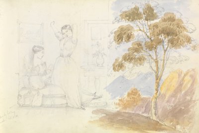 Schets van twee jonge vrouwen, een zittend en lezend de ander zich uitrekkend en geeuwend (getekend door Lord Bury) met een tekening van een boom ernaast door George Pechell Mends