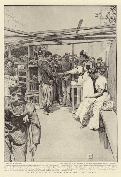 Kretenzische vluchtelingen in Athene ontvangen voedselbonnen door George Percy Jacomb Hood