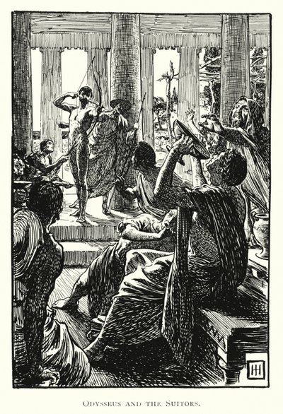 Odyssee: Odysseus en de Vrijers (gravure) door George Percy Jacomb Hood