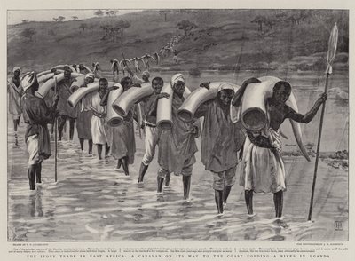De ivoorhandel in Oost-Afrika, een karavaan op weg naar de kust die een rivier in Oeganda doorwaadt door George Percy Jacomb Hood