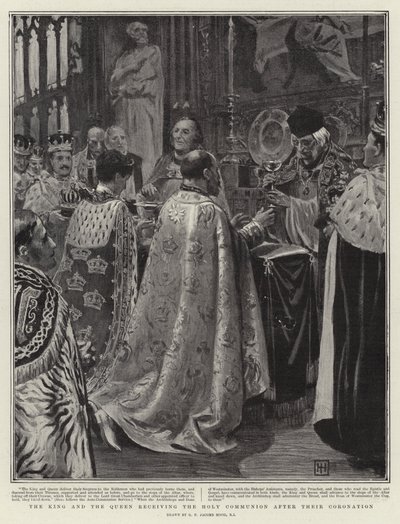De koning en koningin ontvangen de Heilige Communie na hun kroning door George Percy Jacomb Hood