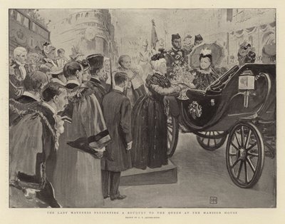 De Lady Mayoress presenteert een boeket aan de koningin in het Mansion House door George Percy Jacomb Hood