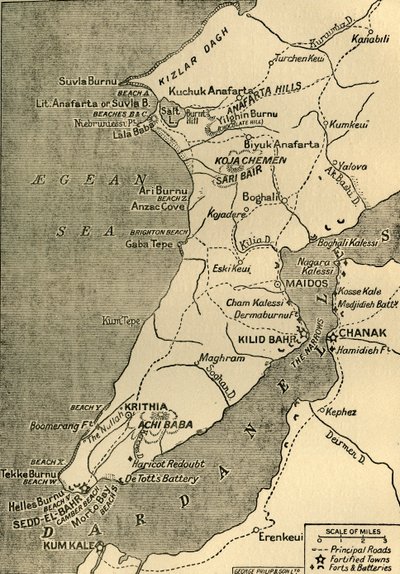 Kaart van het Gallipoli-schiereiland, 1919 door George Philip and Son Ltd