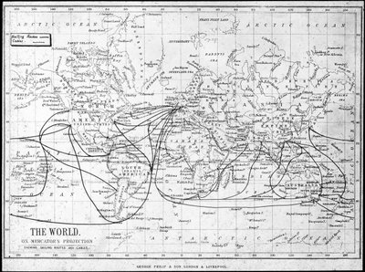 Kaart van de wereld met zeilroutes en telegraafkabels, c1893 door George Philip and Son Ltd