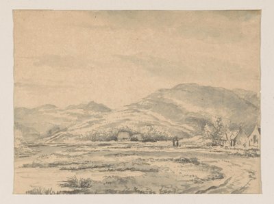 Heuvellandschap met enkele huizen en links een rivier door George Pieter Westenberg