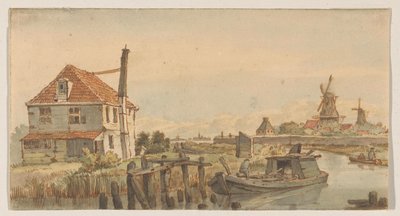 Vaart met een boot, een huis en twee molens door George Pieter Westenberg
