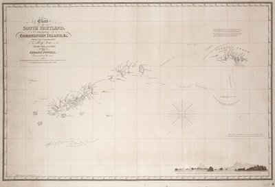 Kaart van Zuid-Shetland inclusief Coronation Island, van de verkenning van de sloep Dove in de jaren 1821 en 1822 door George Powell, commandant van dezelfde door George Powell