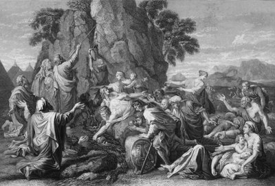 Mozes sloeg tweemaal op de rots en het water kwam overvloedig, 1840 door George Presbury