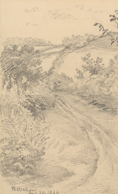 Een bosrijke laan met een veld daarachter door George Richmond