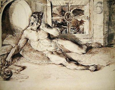 Een liggende jongeling opgeschrikt door een uil door George Richmond