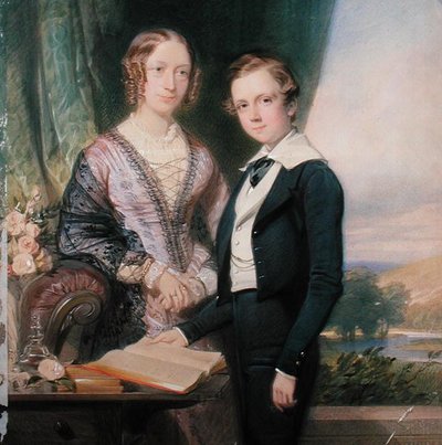 Portret van een onbekende jongeman naast zijn moeder door George Richmond