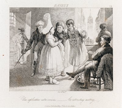 Interessante ontmoeting - Bayeux, c.1821 (ets) door George Robert Lewis