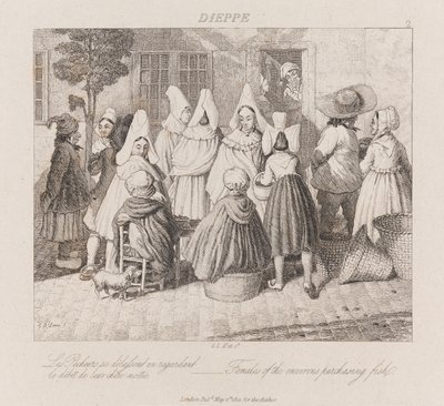 Vrouwen die vis kopen, Dieppe, ca. 1821 (ets) door George Robert Lewis