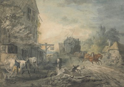 Een Postkoets en Vier Paarden Door een Dorp op de Bath-London Weg door George Robertson