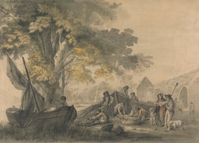 Boten, vissers en boeren nabij een stuw door George Robertson