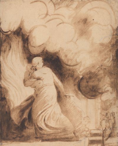 Een moeder met haar kind in haar armen, zwevend boven de vestingmuren van een stad in vlammen door George Romney