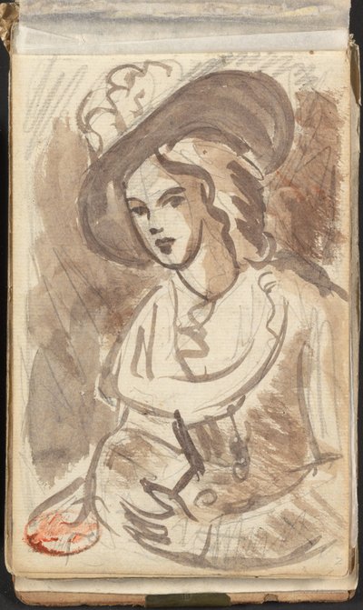 Portret tot halve lengte van een dame met een hoed door George Romney