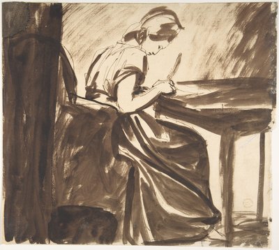 Dame zittend aan een tafel (voorkant); Dansende figuren (achterkant) door George Romney