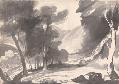 Landschapsstudie: bosje, meer en bergen door George Romney